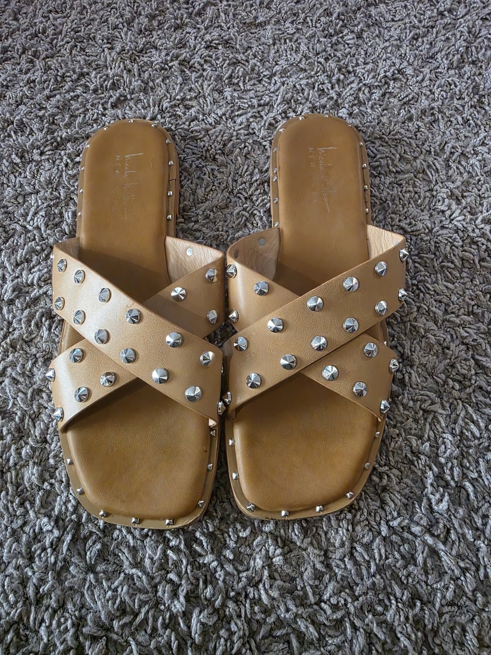Studded Tan Cross-Strap Women's Slide Sandals